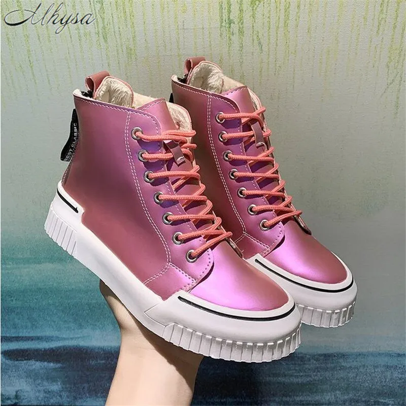

Mhysa 2019 New Winter Casual Shoes Woman Thick bottom Lace Up High-heels Round head Add cotton Walking Sneakers Women L1153