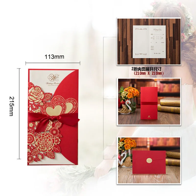  20pcs Laser Cut Wedding Invitations Card Rose Love Heart Greeting Cards Customize Envelopes with Ri - 33051814872