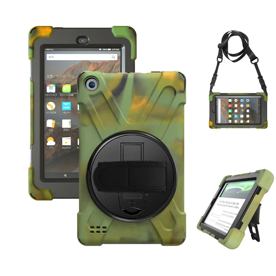 Camouflage Чехол для Amazon fire 7 дюймов / выпуска чехол Funda дети Безопасный ударопрочный сверхмощный с 360 вращающейся подставкой и ремешком - Цвет: Camouflage