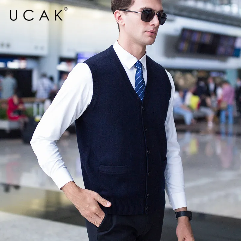 Cheap UCAK Brand Sweater Vest Men Solid V-Neck Pure Merion Wool Pull Homme Casual Warm 2019 Winter Fashion Trend Buttons Vests U3099
