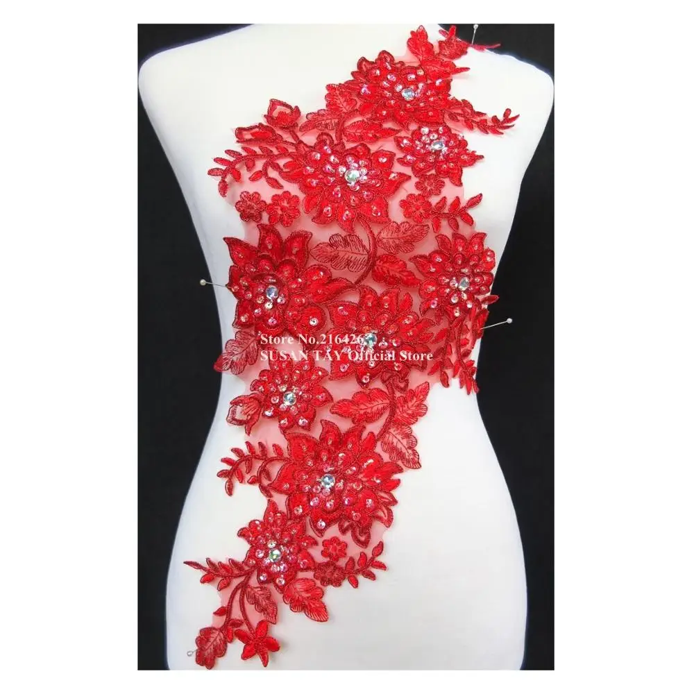 

1pc x New Handmade Red Sequined Beaded Stoned 3D Flower Embroidery Patches Lace Applique Collar Apparel Sewing DIY Craft BNC107B