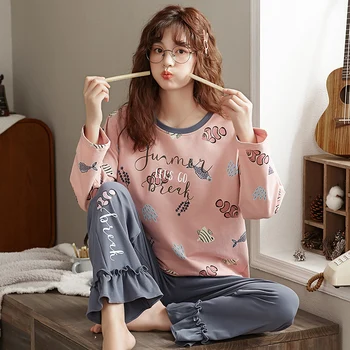 

Autumn Pajamas Set Women Comfortable Cotton Pajamas Long Sleeve Tops with Long Trousuit Underwear Hot