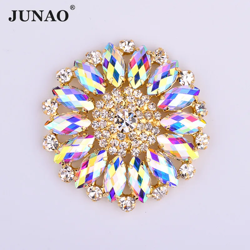 

JUNAO 50mm Large AB Flower Rhinestones Glass Applique Sewing Gold Flatback Crystal Sew On Big Round Strass for Dress Crafts