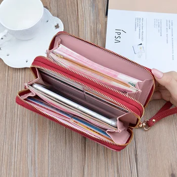 

Long section Double Zipper Wristband Portable Wallet Women Purse Card Holder PU Leather Phone Pocket Female Clutch High Capacity