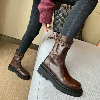 

Genuine natural real leather boots woman's winter spring martin boots platform booties slim lace-up women chelsea boots shoes