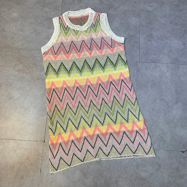 Summer Knit Rainbow Striped Women's Mini Dress Sleeveless Hollow Out Patchwork Women's Dresses 2021 Fashion Casual Lady Clothes 5