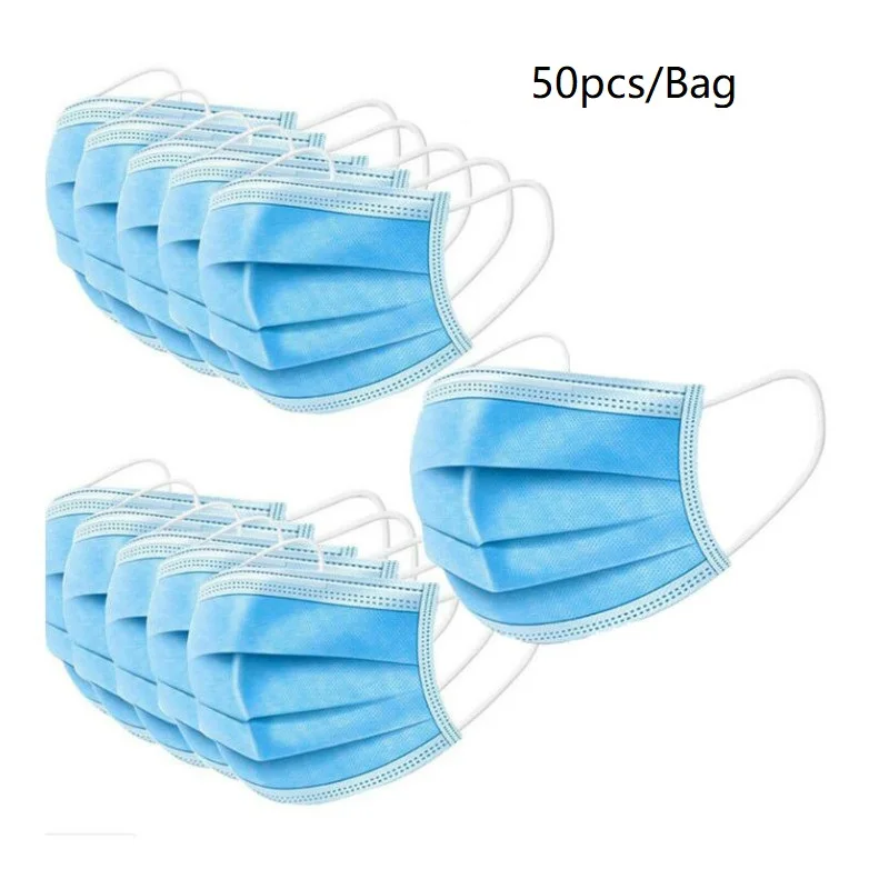 

50pc Protective Masks Disposable 3-ply Woven Fabric Breathable disposable face Masks Face Masks