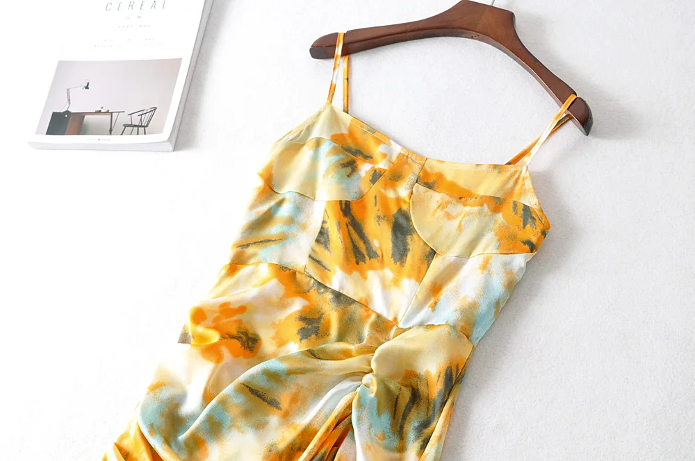 2020 Women Vintage Yellow Tie dye Flower print  Spaghetti Strap Dress Hem Slim Waist Slit Irregular Long Dresses Sling Vestido
