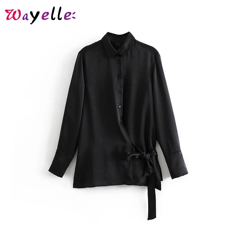 

Black Womens Tops and Blouses 2019 Fall Chic Korean Crop Top Women Elegant Bow Tie Women Shirts Solid Casual Office Lady Tops