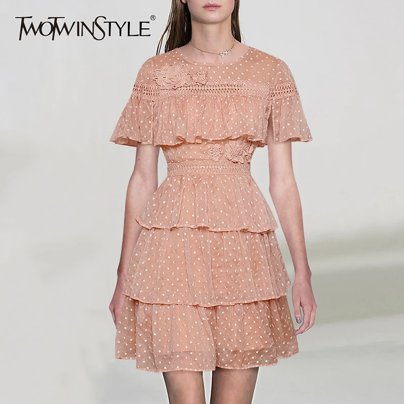 

TWOTWINSTYLE Polka Dot The Dress Women O Neck Cloak Sleeve Lace Patchwork High Waist Mini Summer Dresses Female 2019 Fashion New