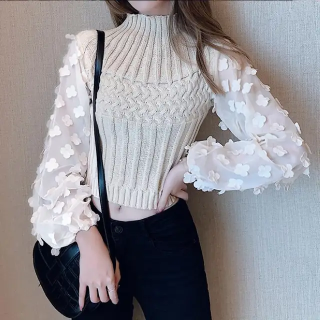 New 2020 Autumn Winter Women's Sweaters Turtleneck Mesh Patchwork Knitwear Long Sleeve Ladies Tops Pullover Pink Crop Sweater Beige