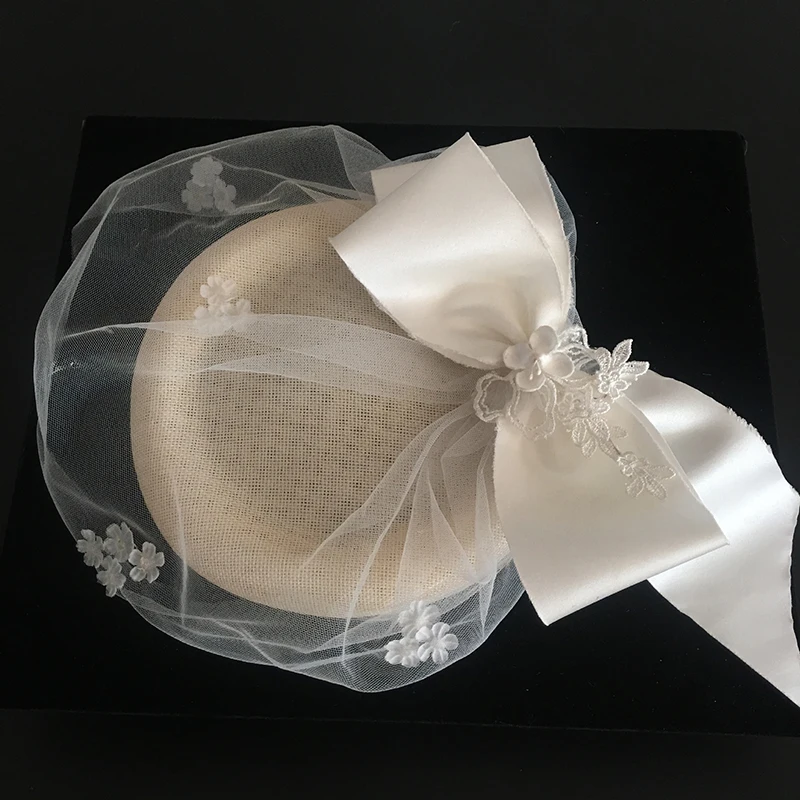 Женская шляпа-федора ручной работы, льняная фетровая шляпа-чародей, вечерние головные уборы, свадебная вуаль с бантом, LM070