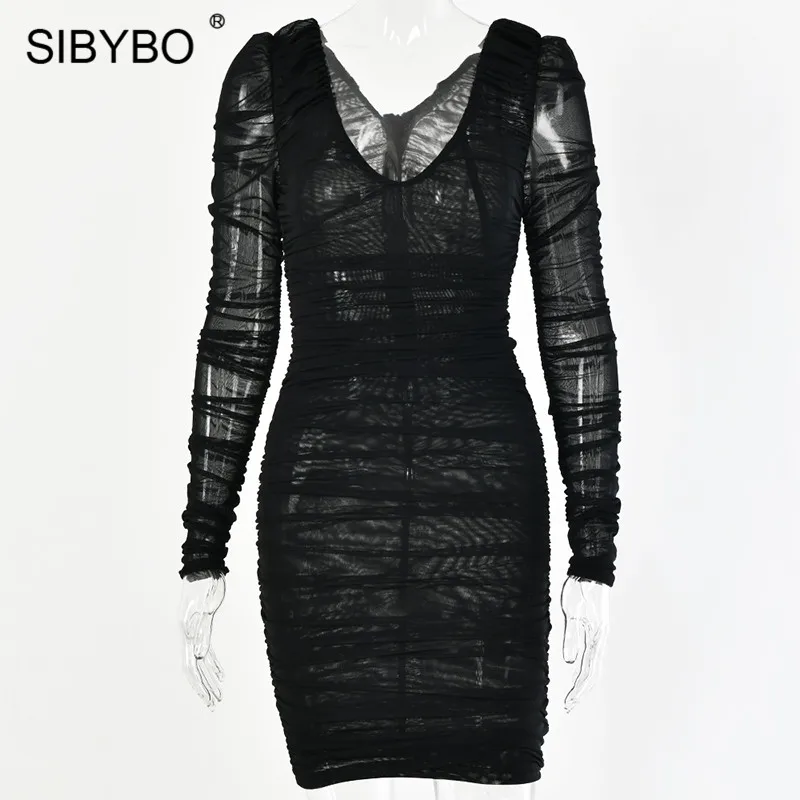 Черный SIBYBO, весеннее Плиссированное сексуальное облегающее платье с двойной сеткой, модное летнее Мини-платье с длинным рукавом и v-образным вырезом, однотонные Клубные вечерние женские платья - Цвет: Черный