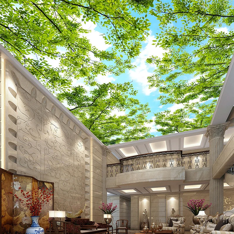 

Blue Sky White Clouds Forest Green Leaf Self-adhesive Sticker Wall Painting Modern Living Room Bedroom Ceiling Decoration Mural