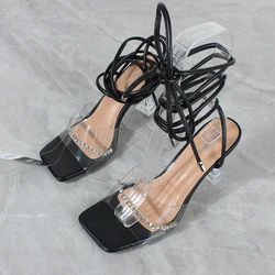 2021 Hot Selling Women's Shoes 7.5cm Party Crystals Strange Heel Ladies Pump Ankle Strap Lace Up Women Sandals