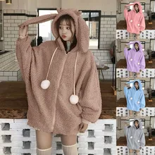 Модная зимняя одежда, женская зимняя теплая куртка из искусственного меха, однотонная верхняя одежда с капюшоном и заячьими ушками, abrigo peluche mujer