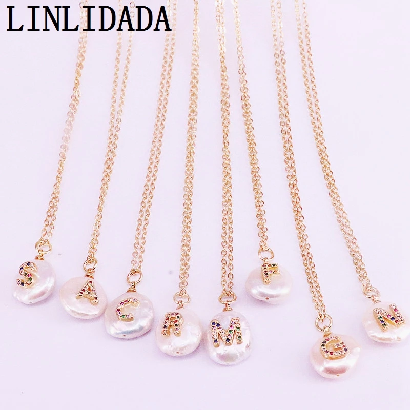 

8Pcs Fashion Jewelry Rainbow Zirconia Micro Pave CZ letter charm freshwater pearl Pendant Necklace