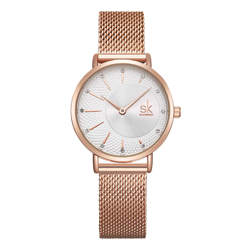

SHENGKE Women Luxury Brand Watch Simple Stop Watch White Dial Ultra-Thin Clocks Mesh Band Watch Quartz Wristwatches feminino