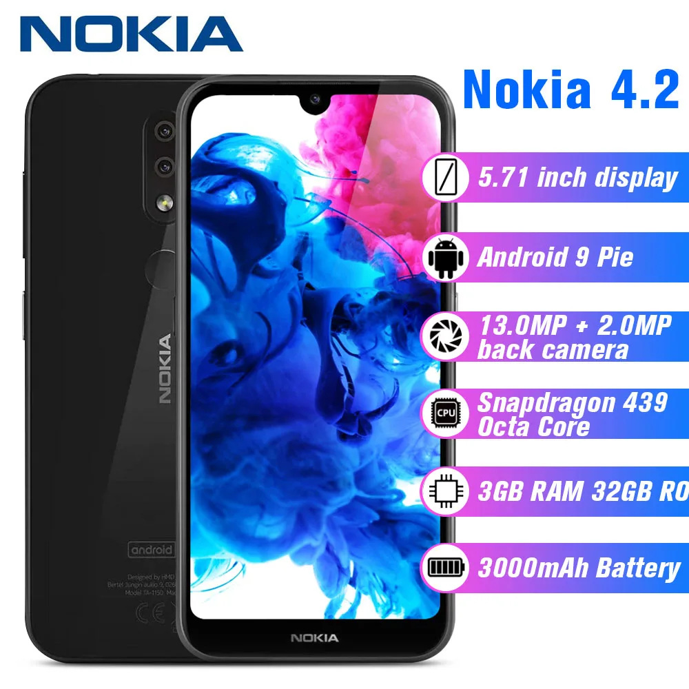 

Nokia 4.2 4G Smartphone 5.71 inch Android 9 Pie Snapdragon 439 Octa Core 3GB RAM 32GB ROM 13.0MP+2.0MP 3000mAh Mobile Cellphones