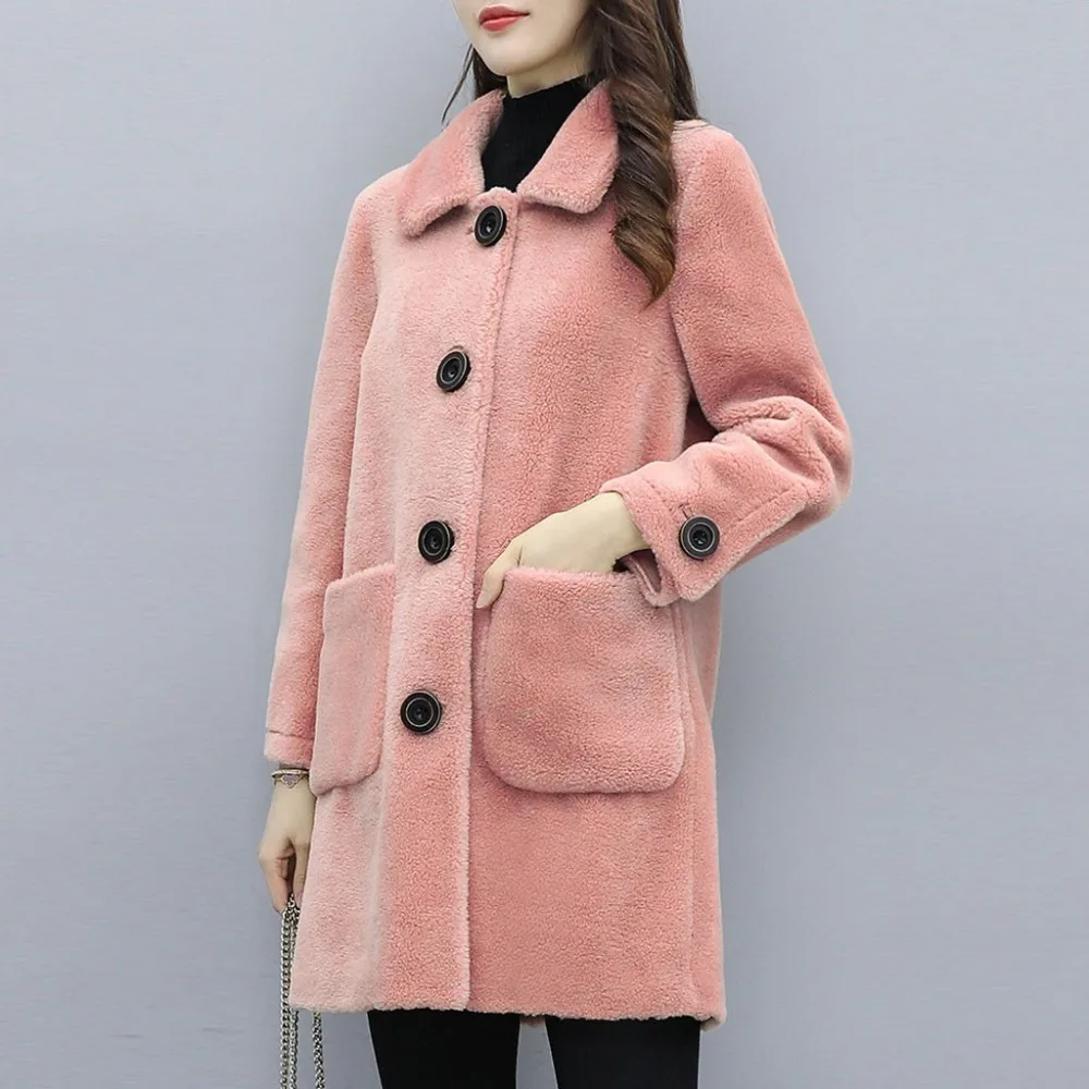Зимнее женское пальто из искусственного меха на пуговицах средней длины размера плюс, флисовое пальто с длинным рукавом, свободная однотонная кашемировая верхняя одежда
