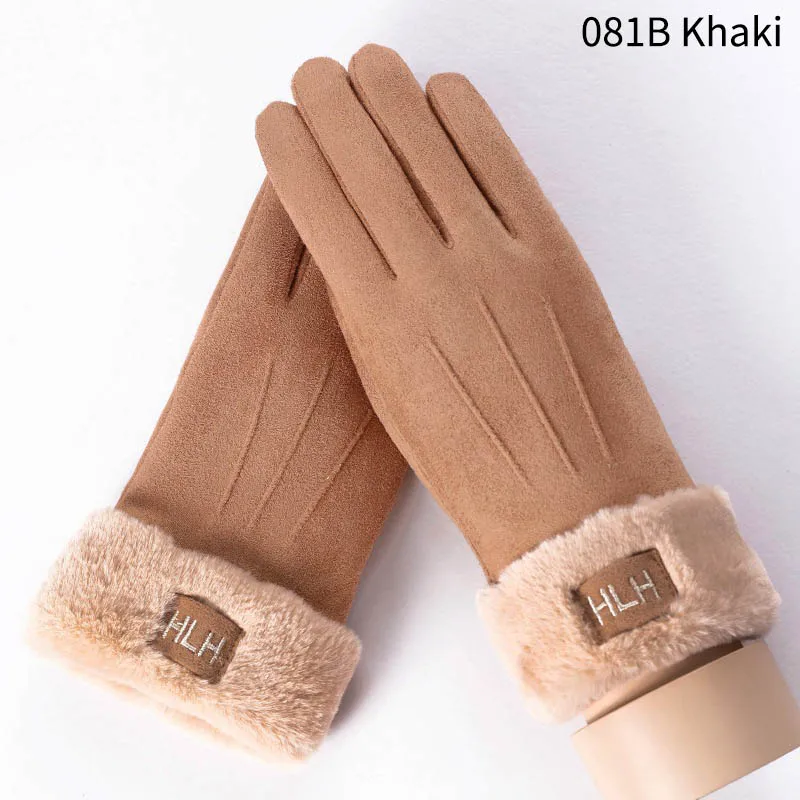 081B Khaki Милые зимние теплые женские перчатки с вышивкой в виде кота и снежинки, двухслойные бархатные толстые женские перчатки митенки, подарок - Цвет: 081B Khaki