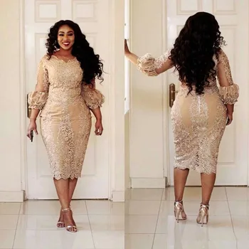 

Champagne Lace Short Mother of the Bride Dresses Plus Size 2020 Tea Length 3/4 Long Sleeve Sheath Mother of Groom Gowns