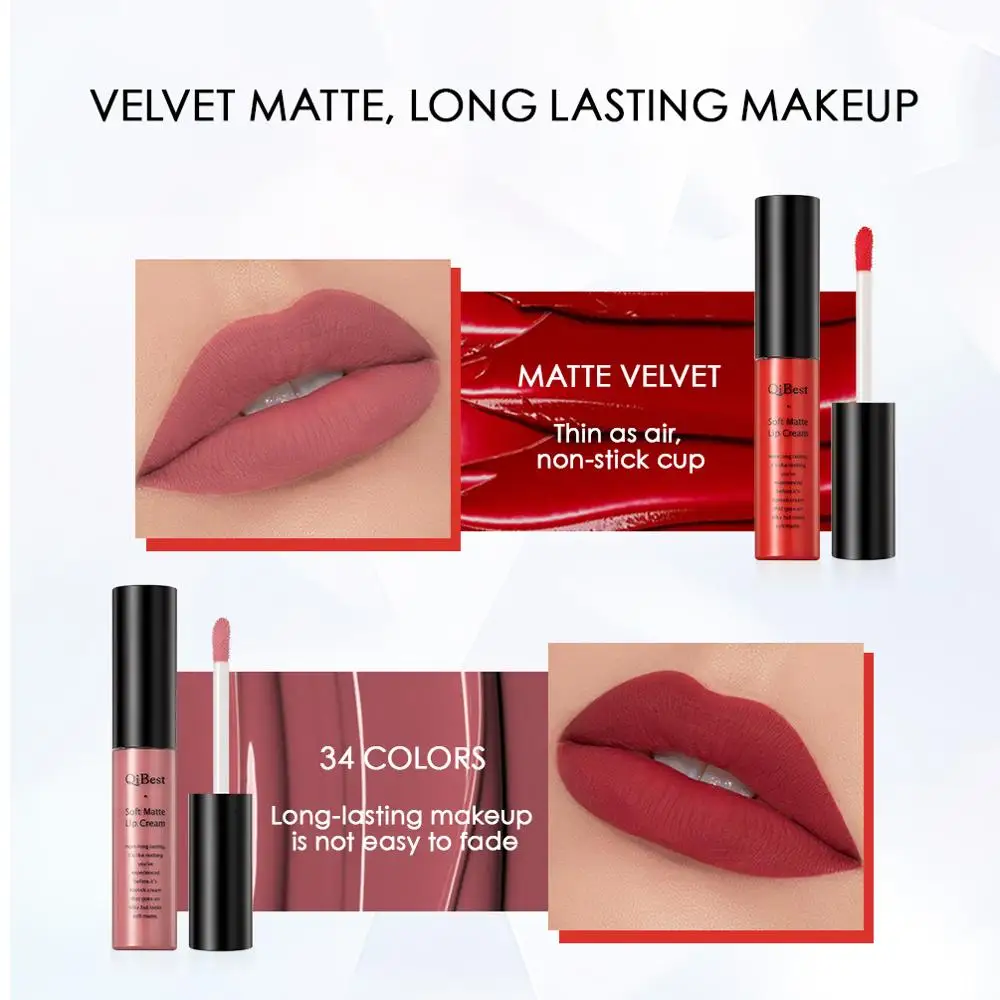 Lip Makeup QIBEST Matte Lip Gloss 34 Colors Velet Nude Waterproof Lipgloss Matte Lipstick Liquid Lipstick Long lasting Tint lip makeup lip gloss lip tint