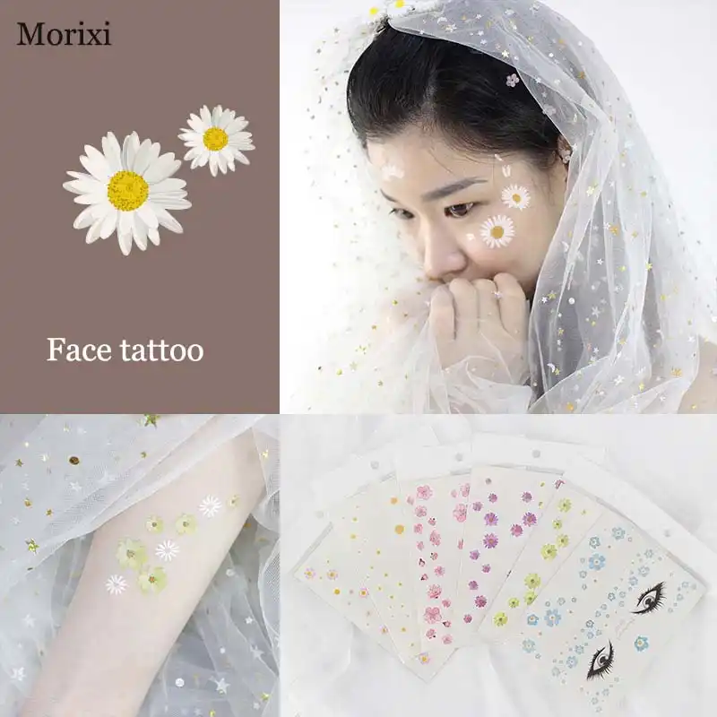 Morixi偽タトゥーステッカー顔ボディメイクデイジー花ピンク 黄色 白水転写印刷面ステッカーra081 Temporary Tattoos Aliexpress