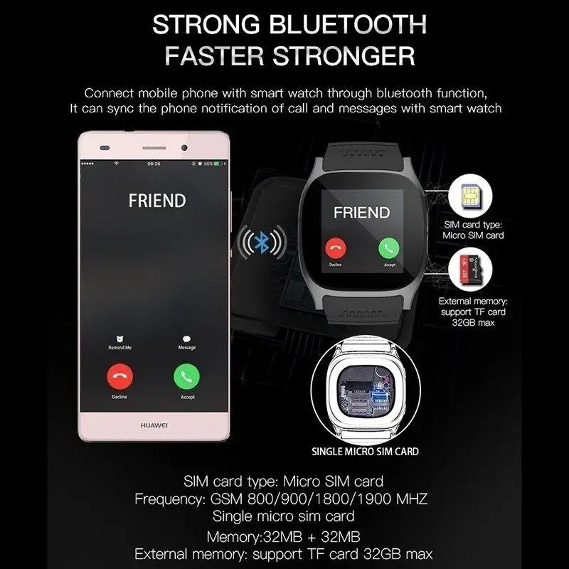 T8 Bluetooth Смарт часы фитнес трекер SIM GSM водонепроницаемый спортивные записи практичный монитор сна для Android iOS