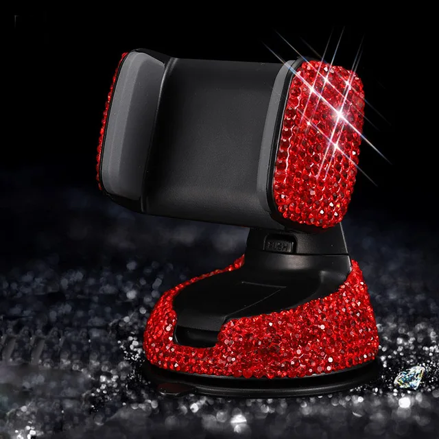Crystal Rhinestones 360 Degree Car Phone Holder for Car Dashboard Auto Windows and Air Vent Universal Car Mobile Phone Holder red