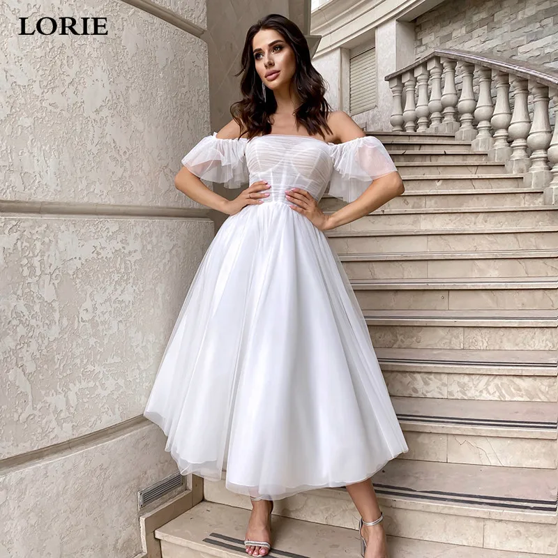 

LORIE Fairy Flare Sleeve Short Wedding Dresses Off The Shoulder Boho Bride Dress 2021 Tea Length Corset Back Wedding Gown