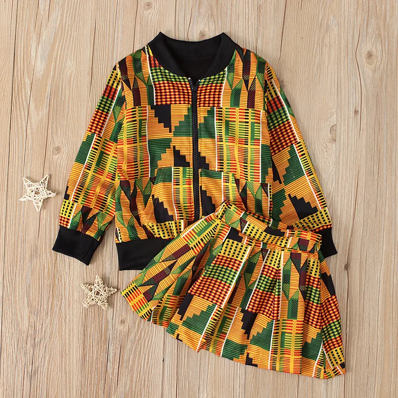 Рождественские наряды для малышей, комплект из 2 предметов: куртка на молнии в африканском стиле+ юбка, детская модная одежда