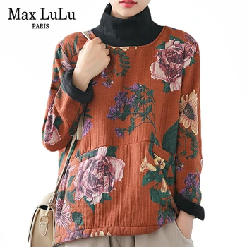

Max LuLu 2020 Chinese Designer Tops Winter Womens Vintage Clothes Ladies Floral Warm Tshirts Printed Turtleneck Fur Tee Shirts