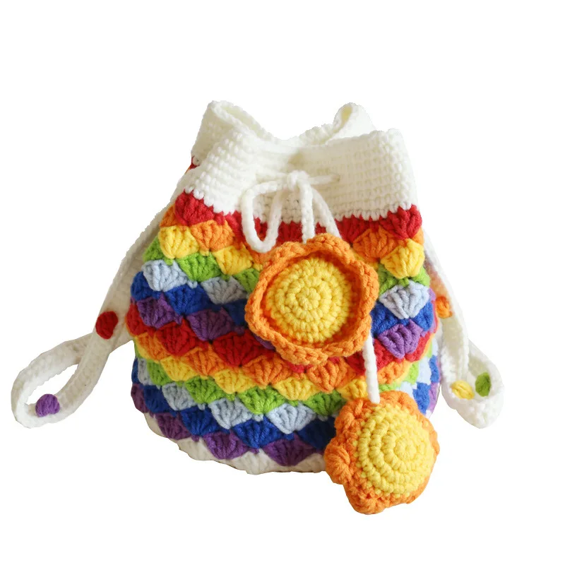 New Hand-knitted Crochet rainbow Flowers Women Shoulder Messenger Bag Woolen Yarn Handmade Tassel Shopping Handbag