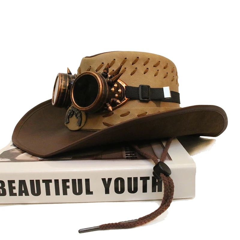 Fashion Unisex Western Cowboy Hat Wide Brim Cowgirl Cap Punk Rivets Leather Band 