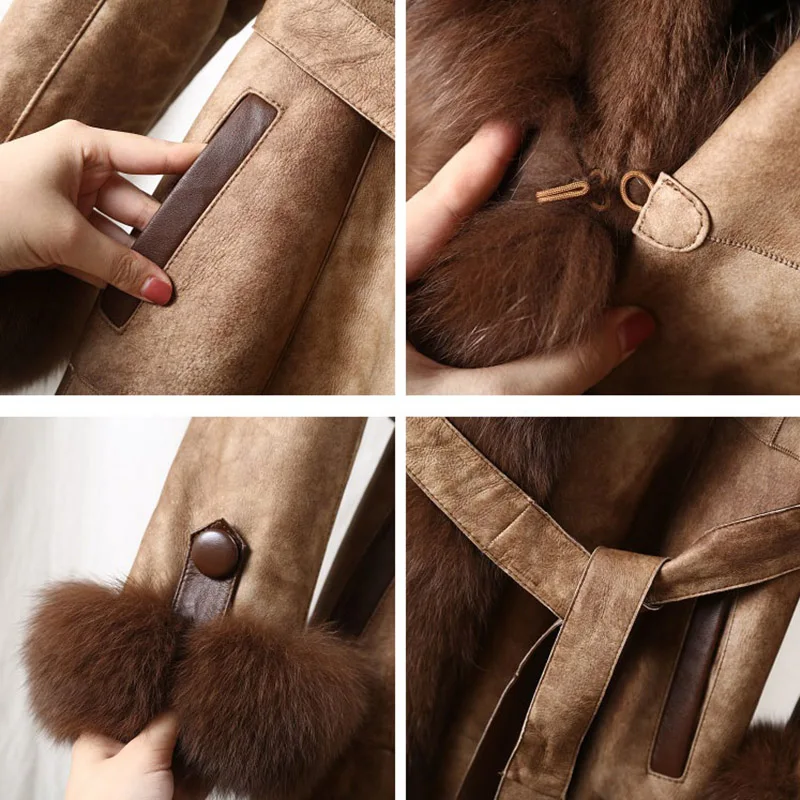 fashion winter new real leather lamb fur grass one coat coat women's long fox windbreaker fur