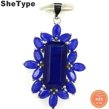 

38x23mm SheType 3.9g Created Real Blue Sapphire Gift For Man 925 Solid Sterling Silver Pendant