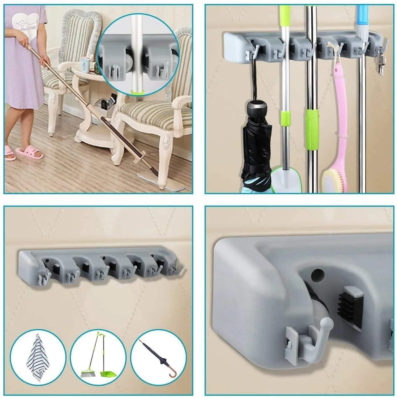 Sweeper Duster Cupboard Tidy Storage Organiser for Rake Brush Tool Hanger 5 Position and 6 Hooks Broom and Mop Holder Wall Mounted Rack 