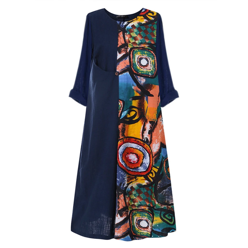 FREE OSTRICH Autumn Dress Winter Loose Print Mid Length Beach Dresses Women O Neck Party Dress Retro Hippie Vestidos 807