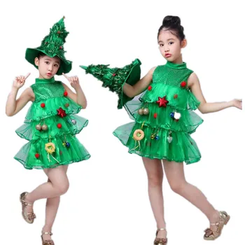 

Girls Children Christmas Sleeveless Tree Dress Yarn Paillette Performance Cos Clothes