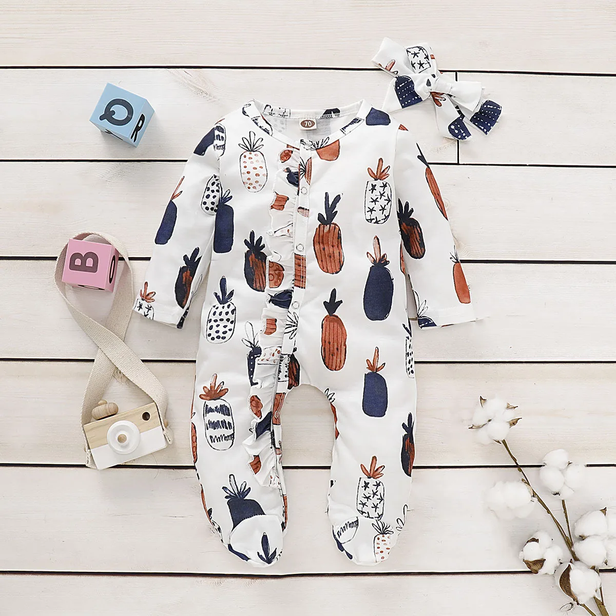 Весенне-осенний хлопковый комбинезон с цветочным рисунком для новорожденных девочек; Пижама для малышей; повязка на голову; комплект из 2 предметов; комбинезон с длинными рукавами; одежда для малышей