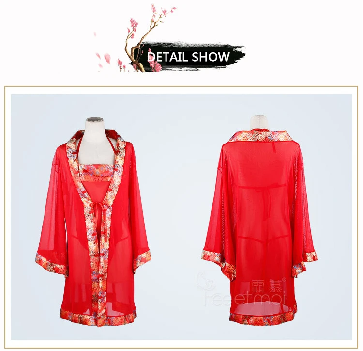 New red perspective bride kimono bathrobe mesh girth T pants+ nightgown nightdress set 3 piece set