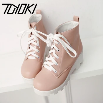 

Tuyoki Women Shoes Boots Round Toe Thick Heel Lace Up Pu Leather Ladies Footwear Classic Outdoor Size 34-43