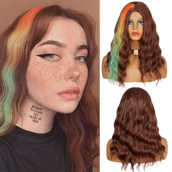 

18 Inches Synthetic Wig gradient Hair Color Hair Long Natural Wave Ombre Brown Mixed Color Party Wigs for White/Black Women