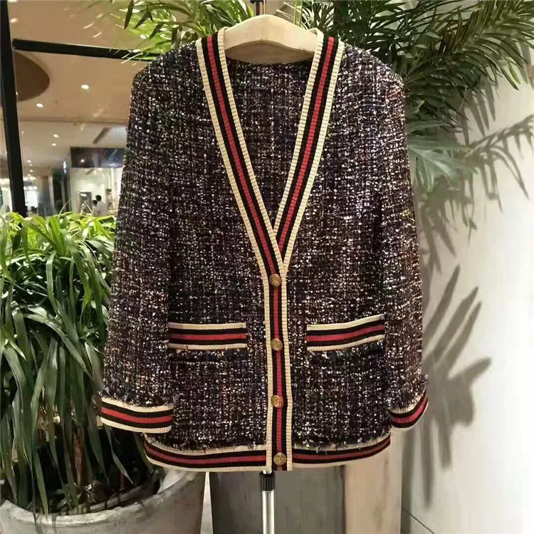 

Brand new high quality women's tweed coat 2019 autumn Fashion women V-neck jackets coat A907