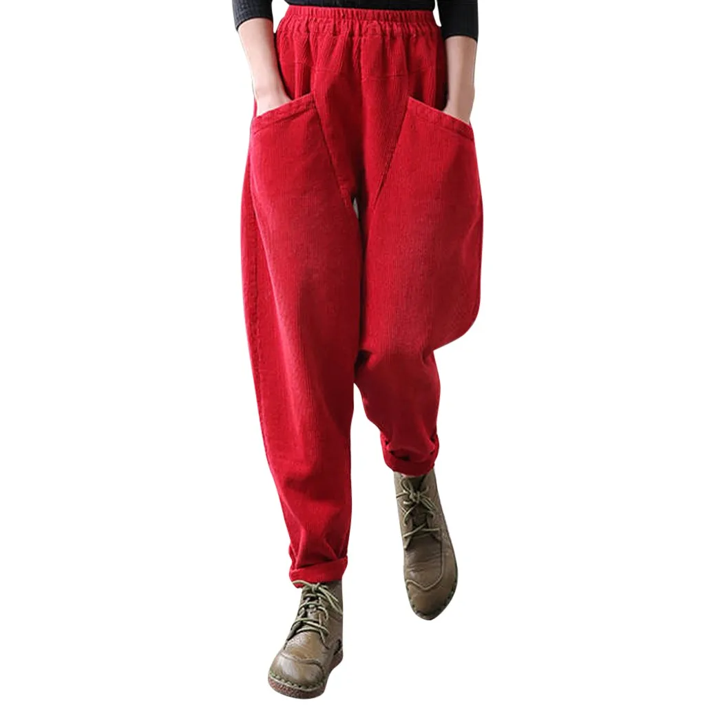 Женские зимние брюки, вельветовые брюки с карманами для отдыха, брюки с высокой талией, свободные длинные брюки, женские брюки, женские брюки# BY20 - Цвет: Red