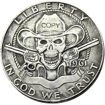 

FK(06) Hobo Creative 1961 Franklin Silver Half Dollar skull zombie skeleton hand carved Copy Coins