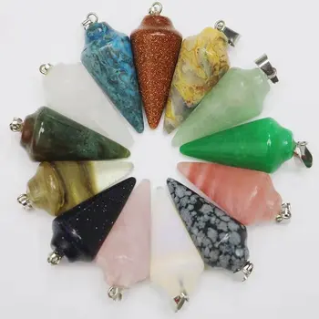 

Hexagonal Cone Natural Stone Pendant Fashion Jewelry Reiki Healing Crystal Hexagonal Bullet Charms Mix-Color beads 12pcs/lot