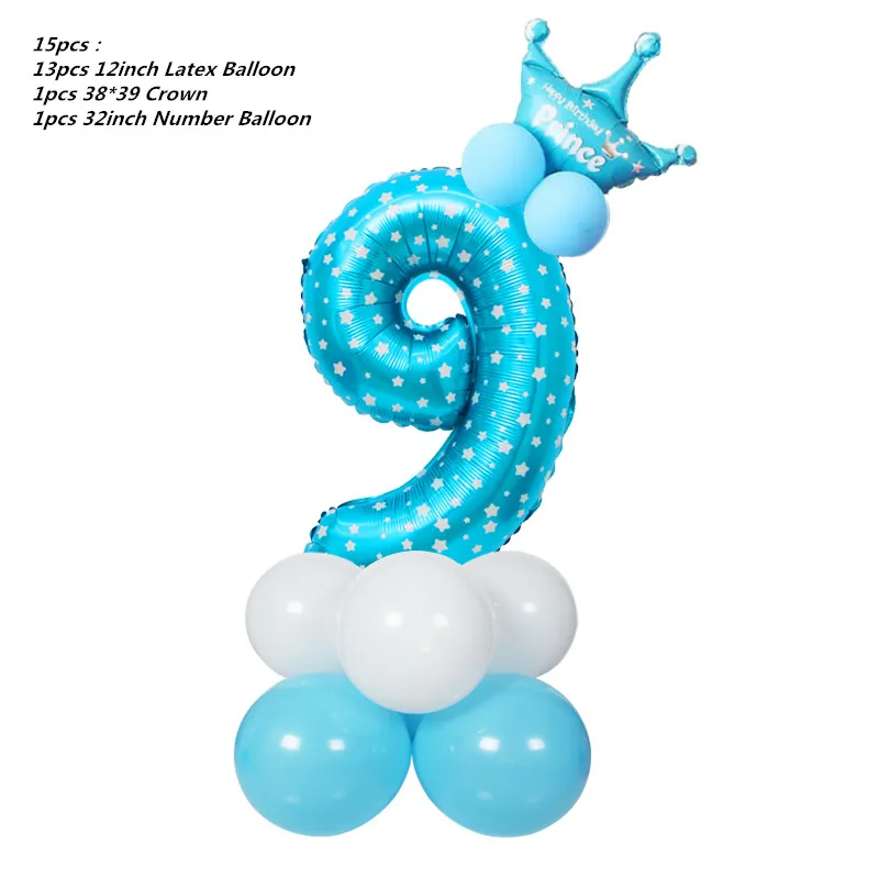 15 шт. фольга номер латексные шары воздушный шар с короной юбилей Беби Шауэр Детский День Рождения Вечеринка мой маленький пони вечерние поставки - Цвет: Blue 9