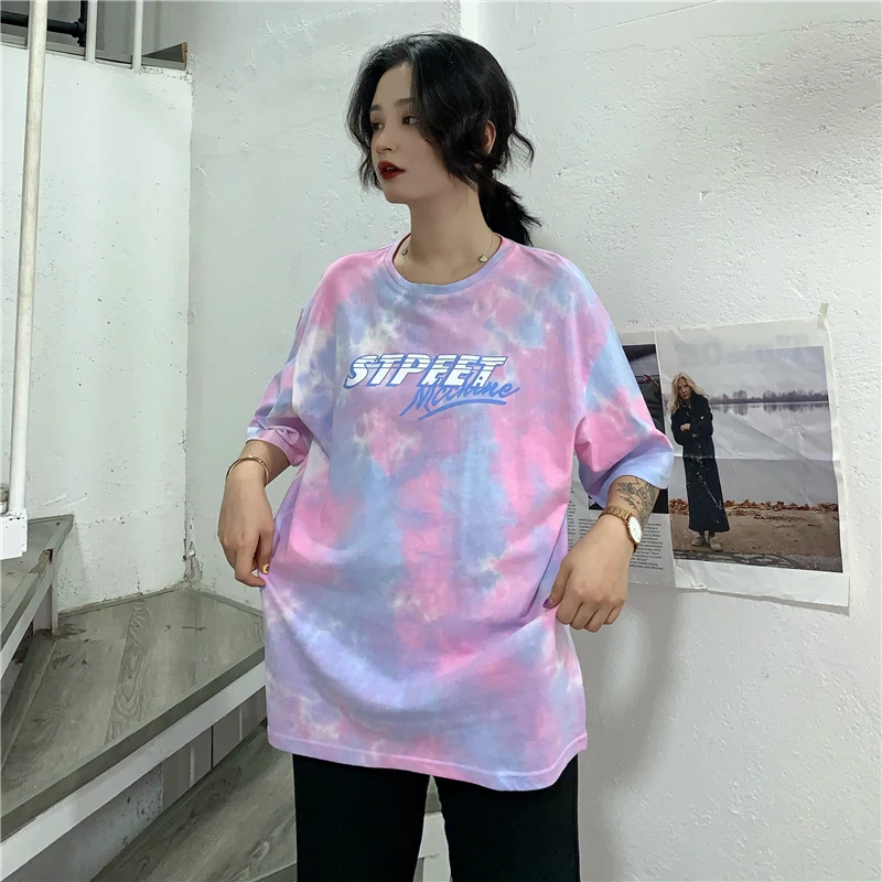 Tie Dye, большой размер, свободная, повседневная, модная, Harajuku, женская футболка с буквенным принтом, хип-хоп, короткий рукав, повседневная, парная футболка